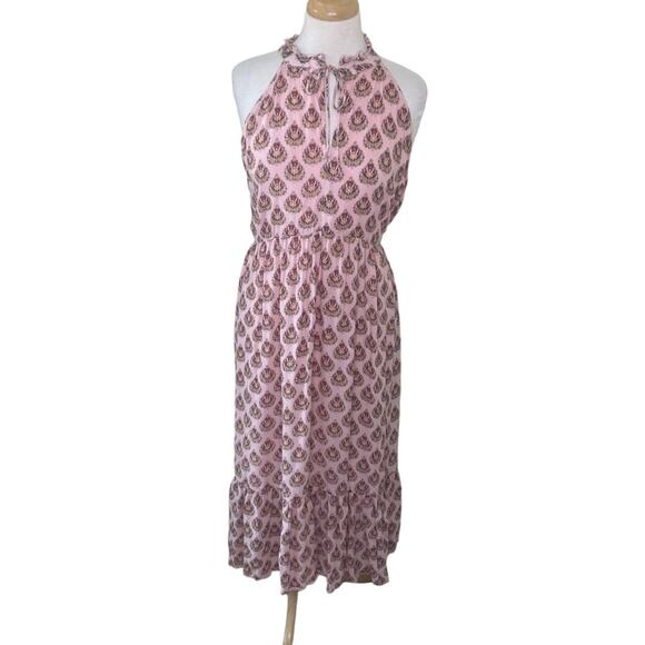 ROLLER RABBIT Printed Ruffle Neck Tie Front Tiered Midi Dress Pink Red SMALL - Picture 1 of 13